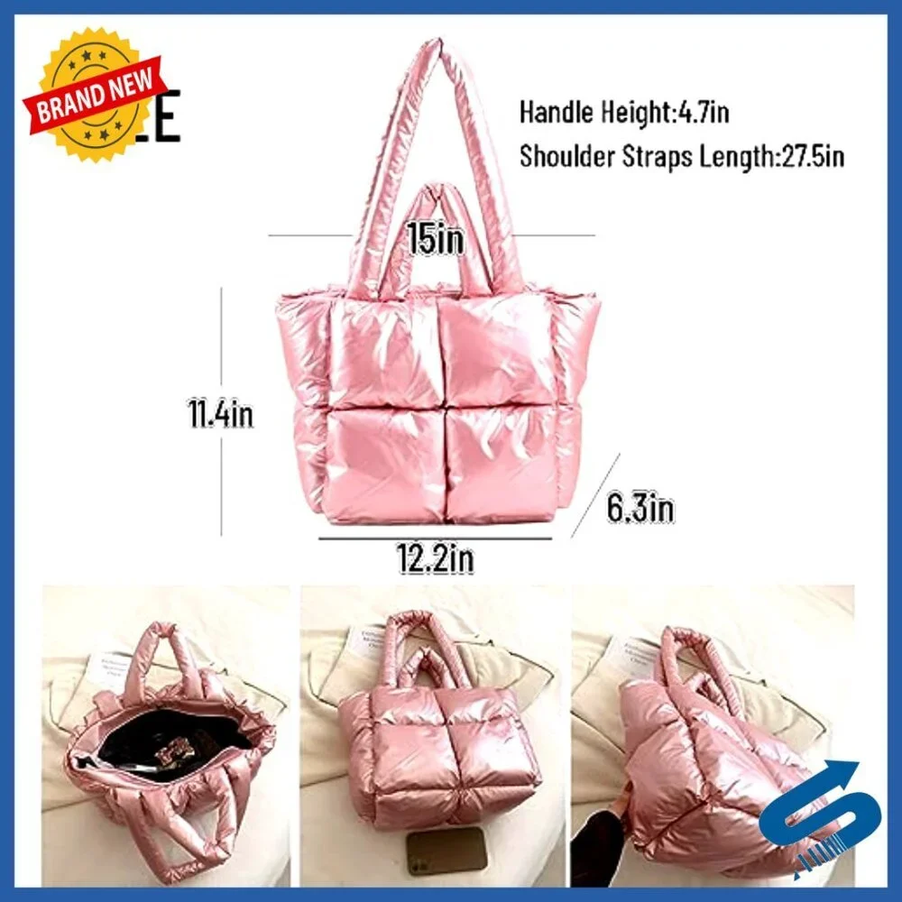 Large Padded Puffer Tote Bag with Lattice Design, Shoulder Strap